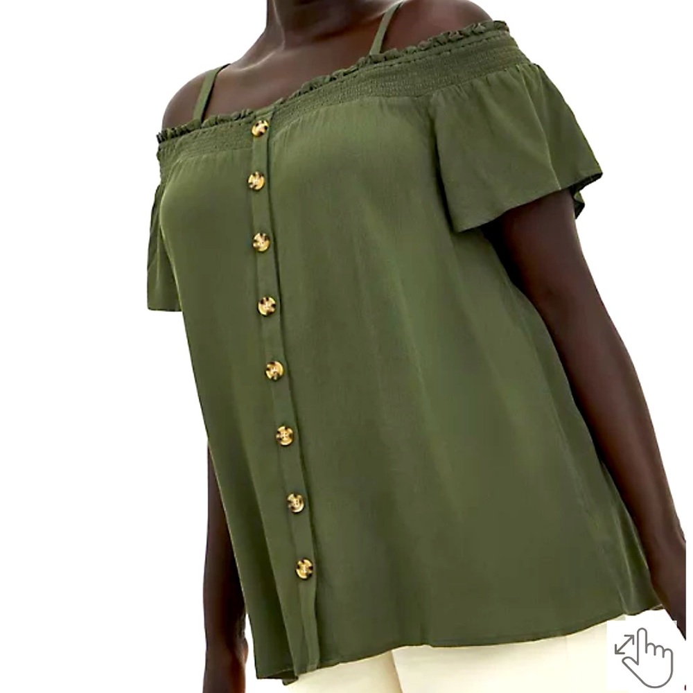 Torrid Smocked Cold-Shoulder Blouse Gauze Olive Green NWT